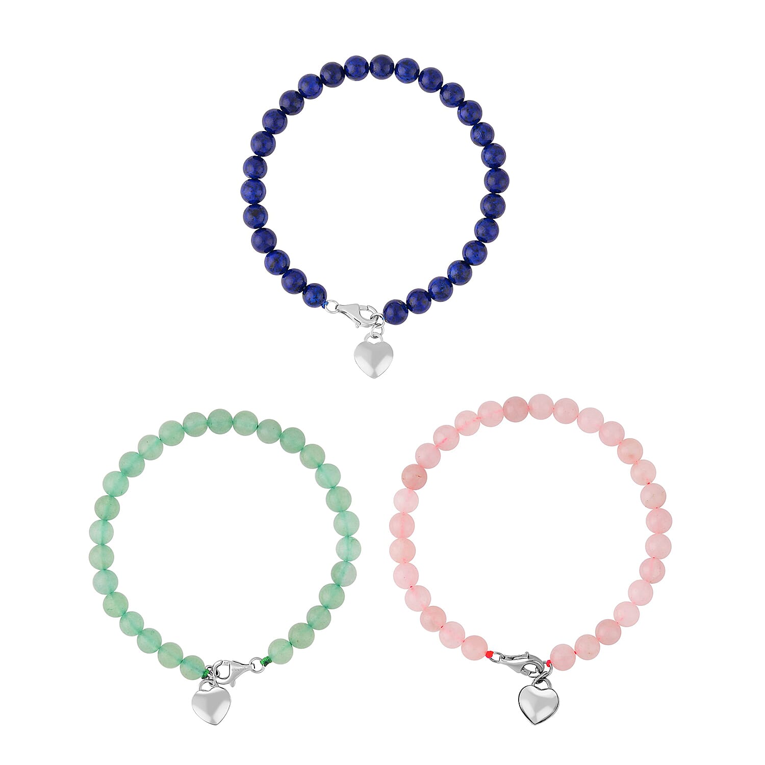 Set of 3 - Rose Quartz Heart Charms, Green Aventurine & Lapis Lazuli Bracelet (Size - 7.5) in Rhodium Overlay Sterling Silver