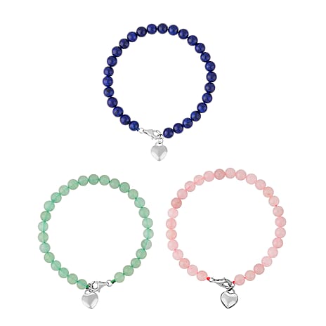 Set of 3 - Rose Quartz Heart Charms, Green Aventurine & Lapis Lazuli Bracelet (Size - 7.5) in Rhodium Overlay Sterling Silver