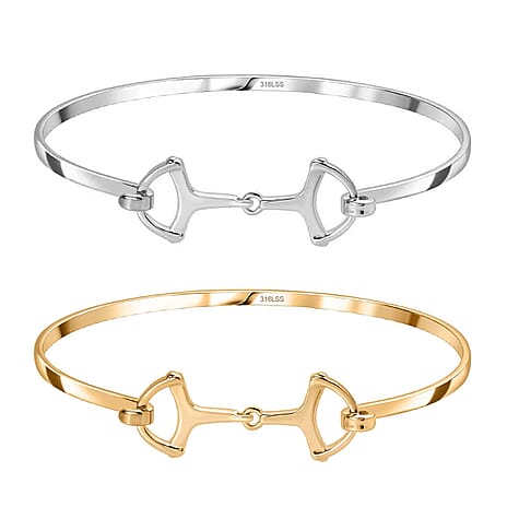 Set of 2 - Snaffle Bangles in Silver and Gold Tone (Size 8.5)