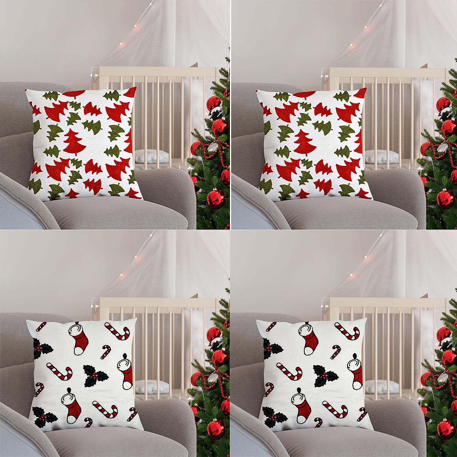Christmas Decoration - Set of 4 Cotton (100%) Towel Embroidery Soft Cushion Cover with Christmas Tree & Stocking Pattern (45x45cm)