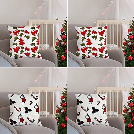 Christmas Decoration - Set of 4 Cotton (100%) Towel Embroidery Soft Cushion Cover with Christmas Tree & Stocking Pattern (45x45cm)