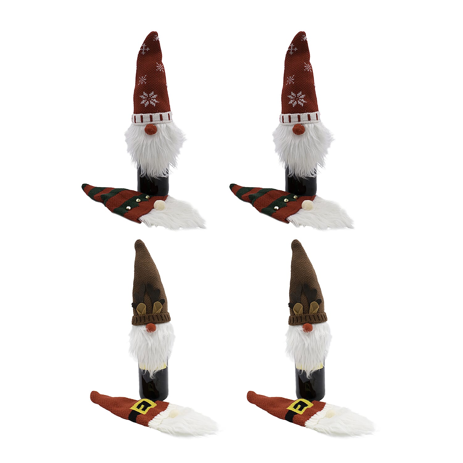 Christmas Decoration - Set of 8 Gnome Bottle Covers in Red, Brown, White & Green (2 of each)