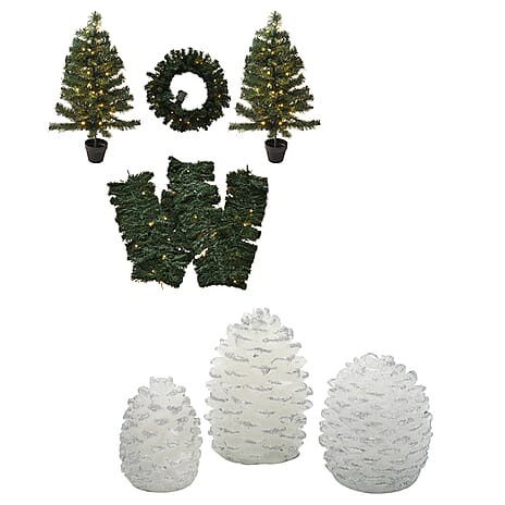 Christmas Decoration - 2 LED Trees With Plant Pots (90CM), LED Wreath (60CM), LED Garland (270CM) & Hand Made Wax 3 Pcs Glitter Pinecone LED Candle Set