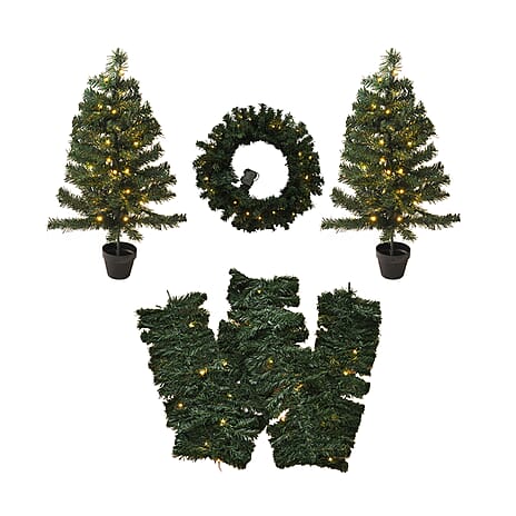 Christmas Decoration - 2 LED Trees With Plant Pots (90CM), LED Wreath (60CM), LED Garland (270CM) & Hand Made Wax 3 Pcs Glitter Pinecone LED Candle Set