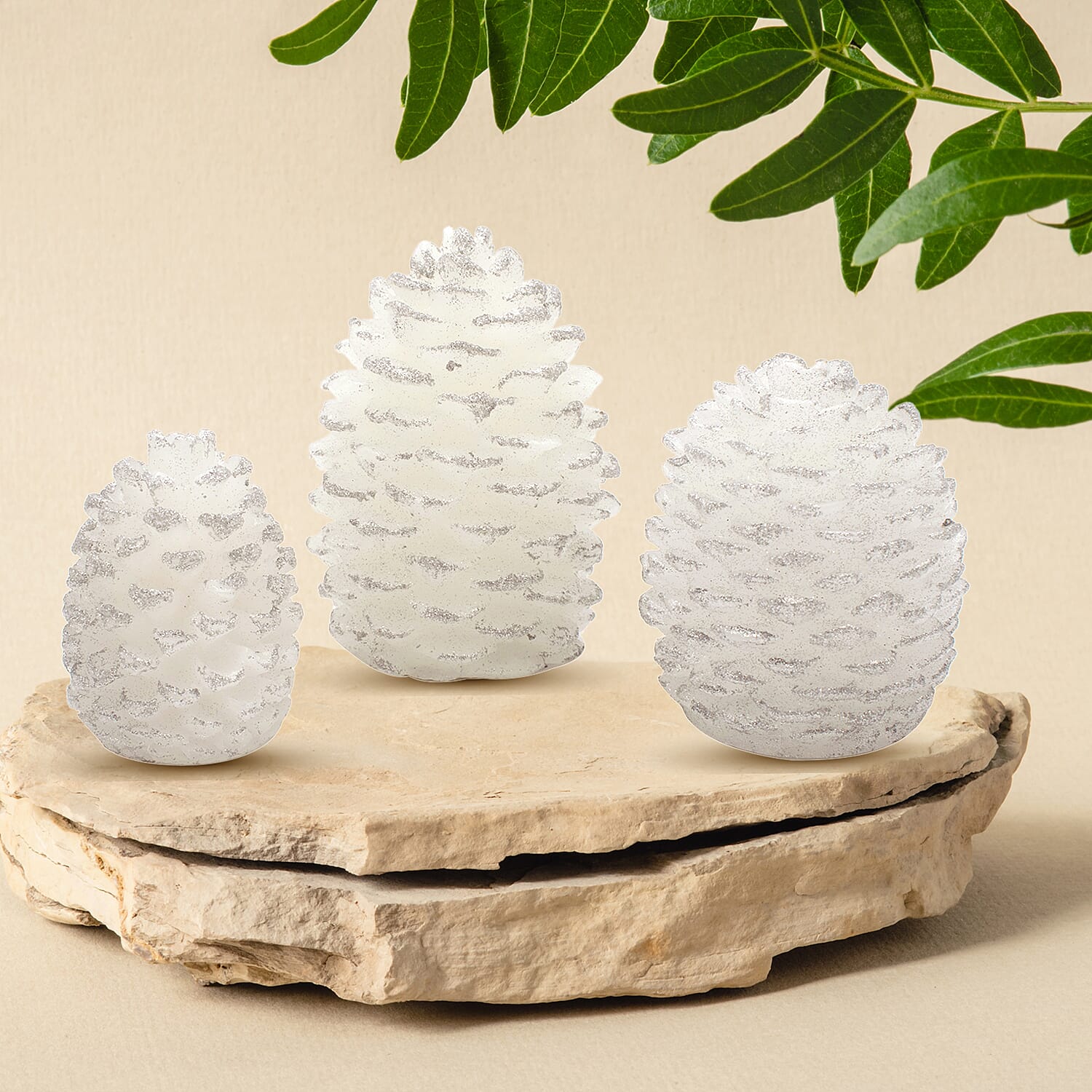 Christmas Decoration - 2 LED Trees With Plant Pots (90CM), LED Wreath (60CM), LED Garland (270CM) & Hand Made Wax 3 Pcs Glitter Pinecone LED Candle Set