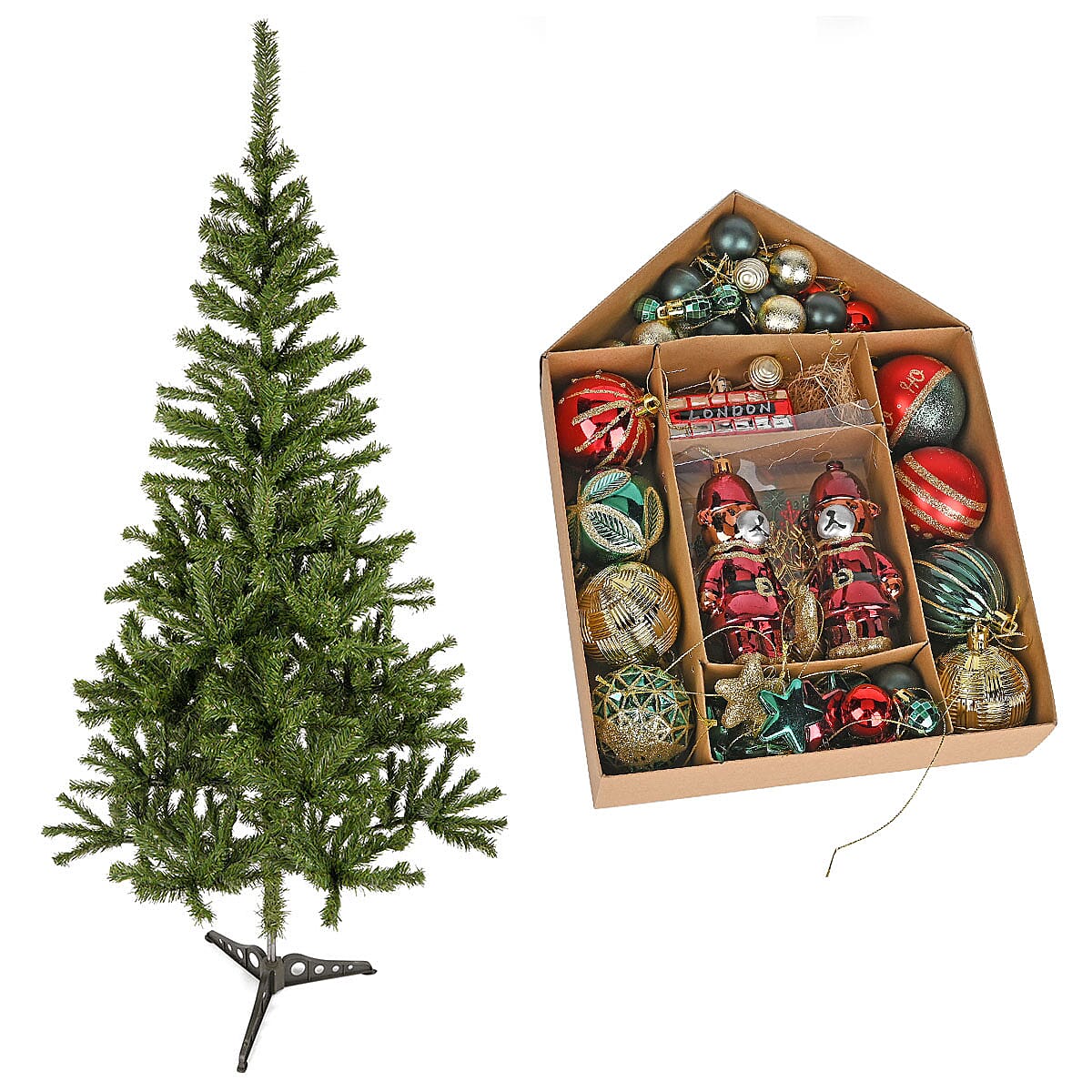 Christmas Decoration - 5Ft Canadian Pine Green 478 Tips & Set of 70 Christmas Ornaments Ball Set Multicolour