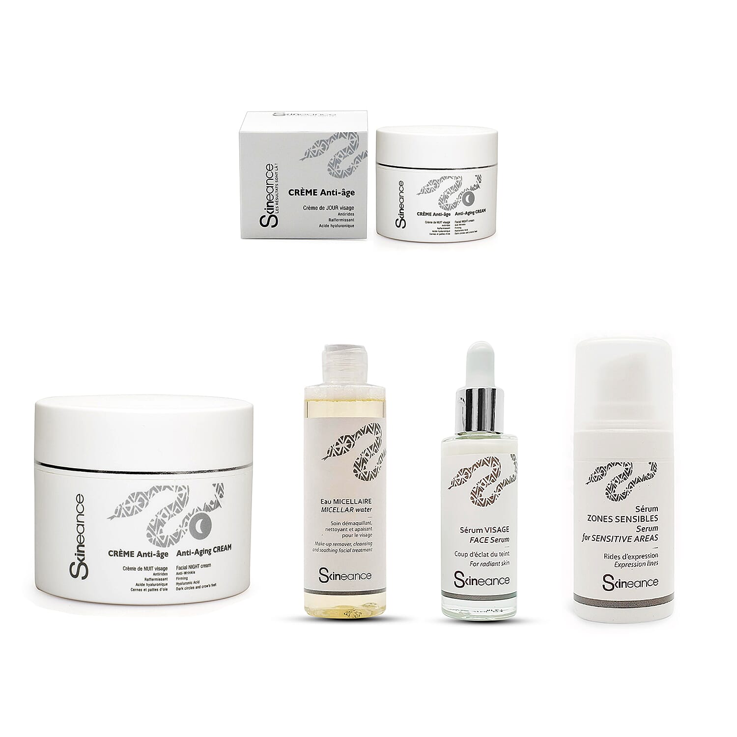 SKINEANCE Christmas Radiance Gift Set - Snake Venom Anti-Ageing Day & Night Creams 50ml each, Face Serum 30ml, Serum for Sensitive Areas 15 ml & Micellar Water 200 ml