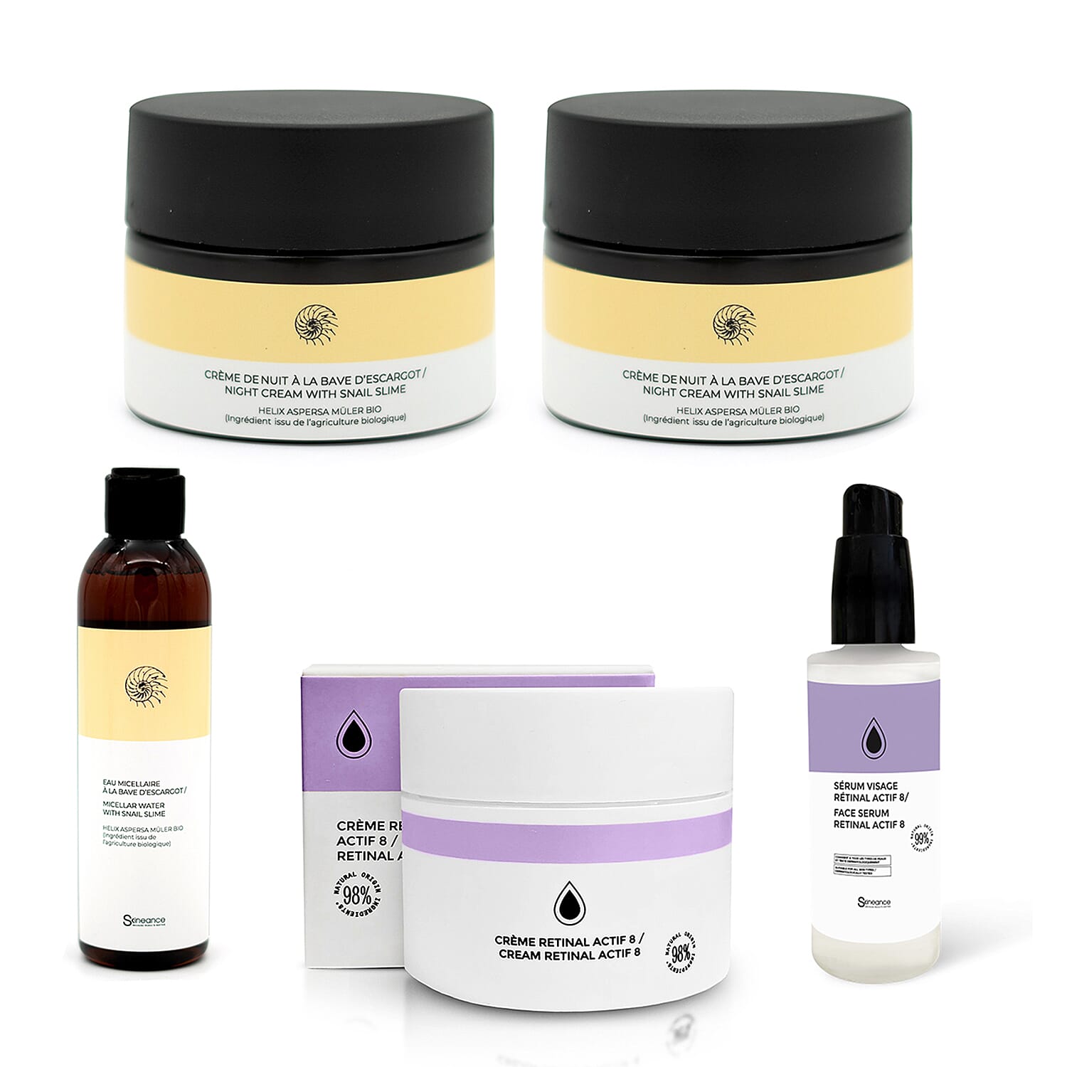 SKINEANCE Christmas Renewal Gift Set - Retinal Actif 8 Day Cream 50ml, Face Serum 30ml, Snail Slime Regenerating Day & Night Creams 50ml each & Micellar Water 200ml