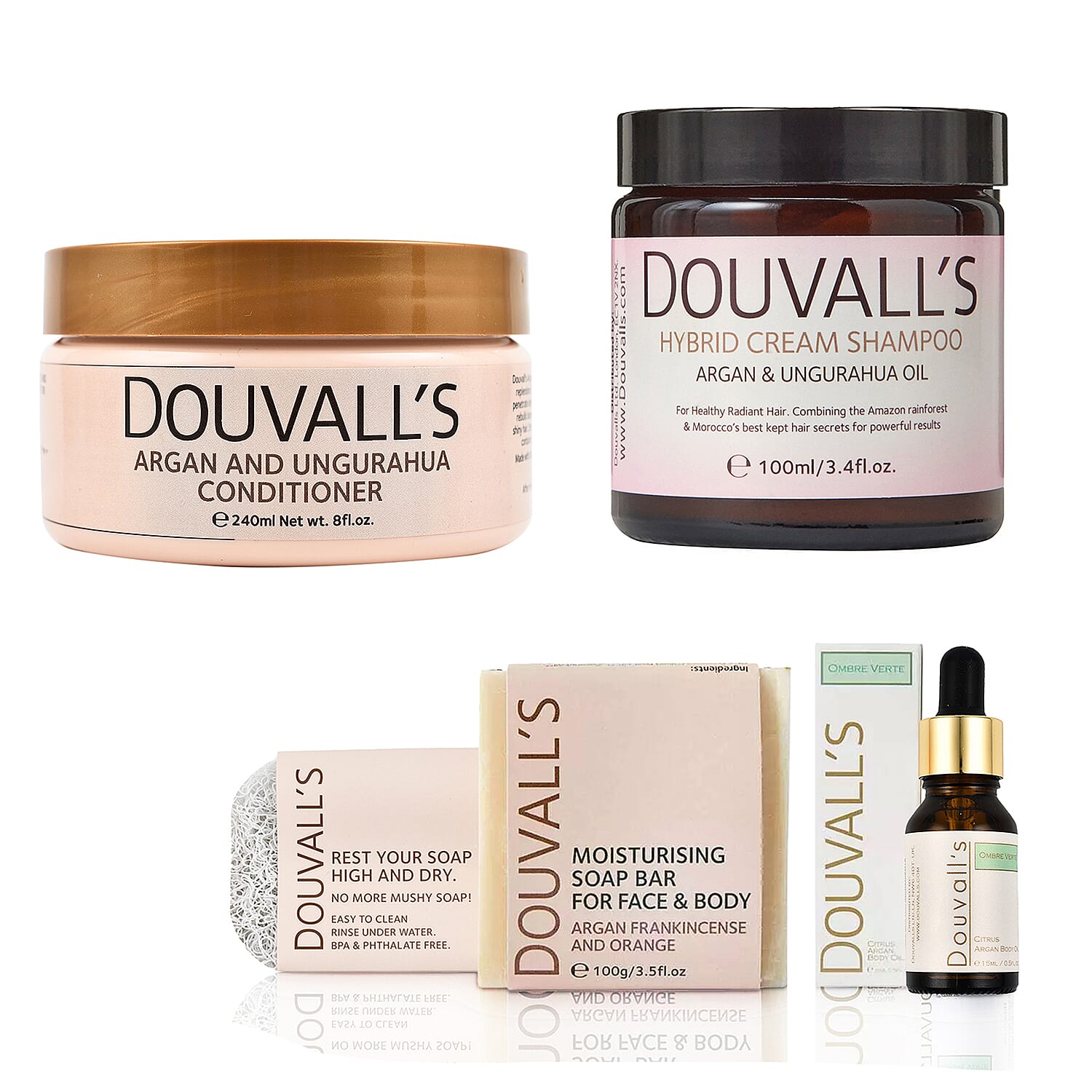 Douvall’s Christmas Pamper Gift Set - Frankincense Soap, Citrus Scented Body Oil, Soap saver, Argan Hybrid Cream Shampoo 100ml & Ungurahua Conditoner 240ml