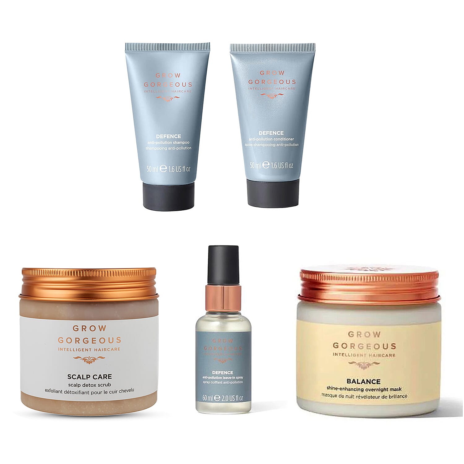 Grow Gorgeous Christmas Hair Gift Set - Anti-Pollution Shampoo & Conditioner 50ml each, Leave in Spray 60ml, Scalp Care Detox Scrub 200 ml & Balance Shine-Enhancing Overnight Mask 200 ml