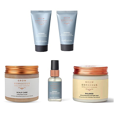 Grow Gorgeous Christmas Hair Gift Set - Anti-Pollution Shampoo & Conditioner 50ml each, Leave in Spray 60ml, Scalp Care Detox Scrub 200 ml & Balance Shine-Enhancing Overnight Mask 200 ml