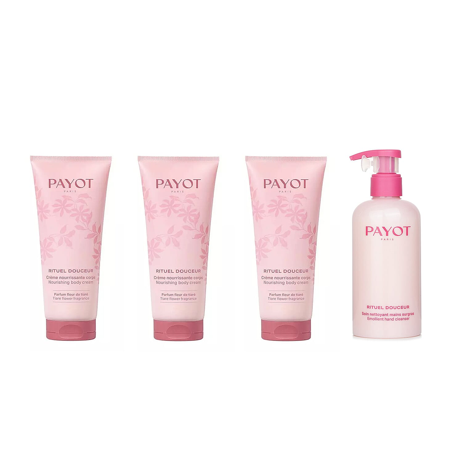 PAYOT Festive Nourishment Gift Set - Rituel Douceur Nourishing Body Cream (Fresh Grass) 100ml, Nourishing Body Cream (Tiare Flower) 100ml, Emollient Hand Cleanser 250ML & Nourishing Body Cream (Wild R