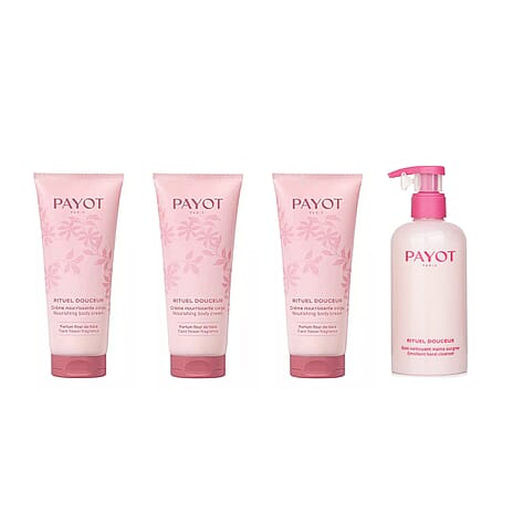 PAYOT Festive Nourishment Gift Set - Rituel Douceur Nourishing Body Cream (Fresh Grass) 100ml, Nourishing Body Cream (Tiare Flower) 100ml, Emollient Hand Cleanser 250ML & Nourishing Body Cream (Wild R