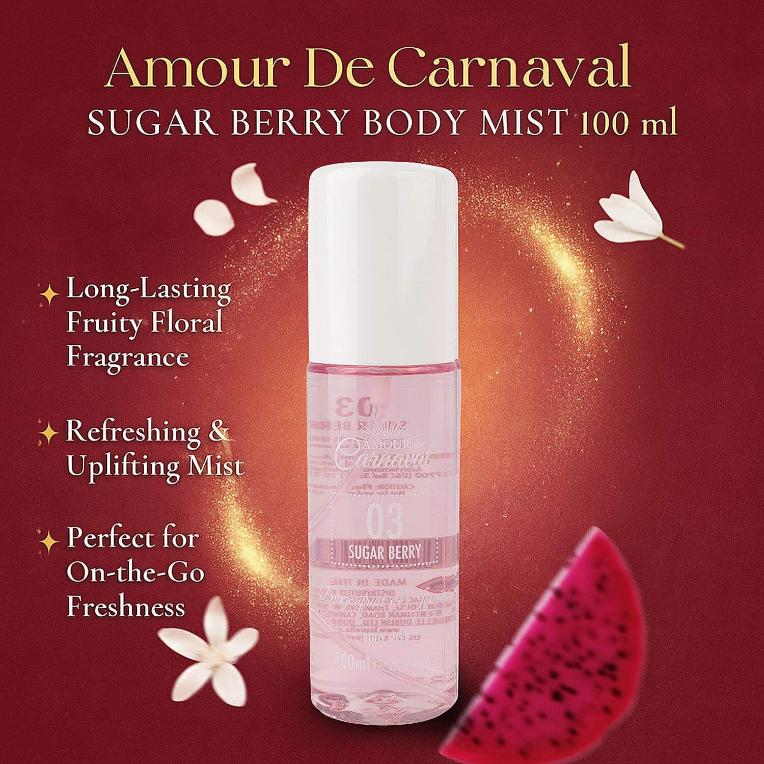 Amour de Carnaval Christmas Fragrance & Body Gift Set - Golden Sun EDP for Her 100ml, Tropical Bliss EDP for Her 100ml and Dragonfruit & Jasmine Scented Body Wash 300 ml, Body Mist 100 ml & Body Lotio