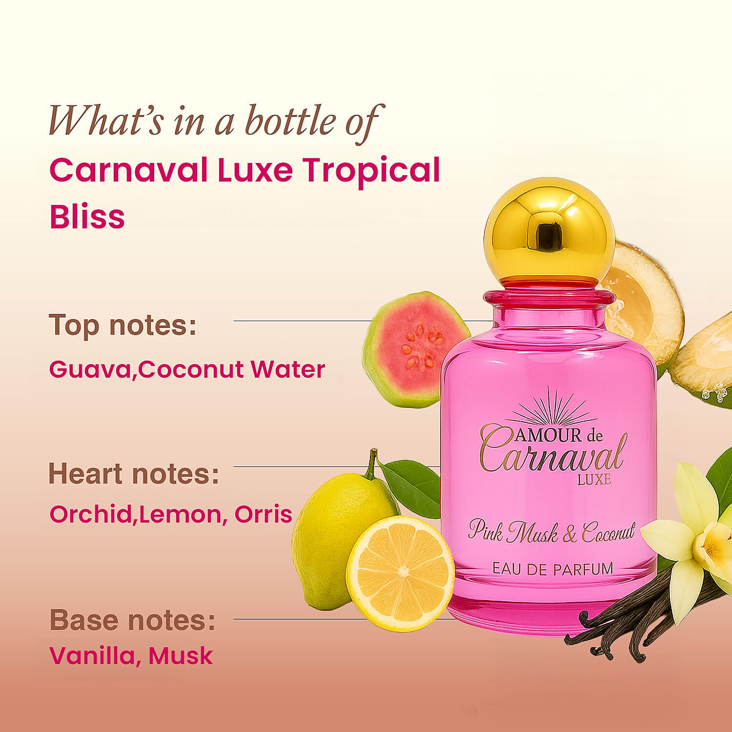 Amour de Carnaval Christmas Fragrance & Body Gift Set - Golden Sun EDP for Her 100ml, Tropical Bliss EDP for Her 100ml and Dragonfruit & Jasmine Scented Body Wash 300 ml, Body Mist 100 ml & Body Lotio