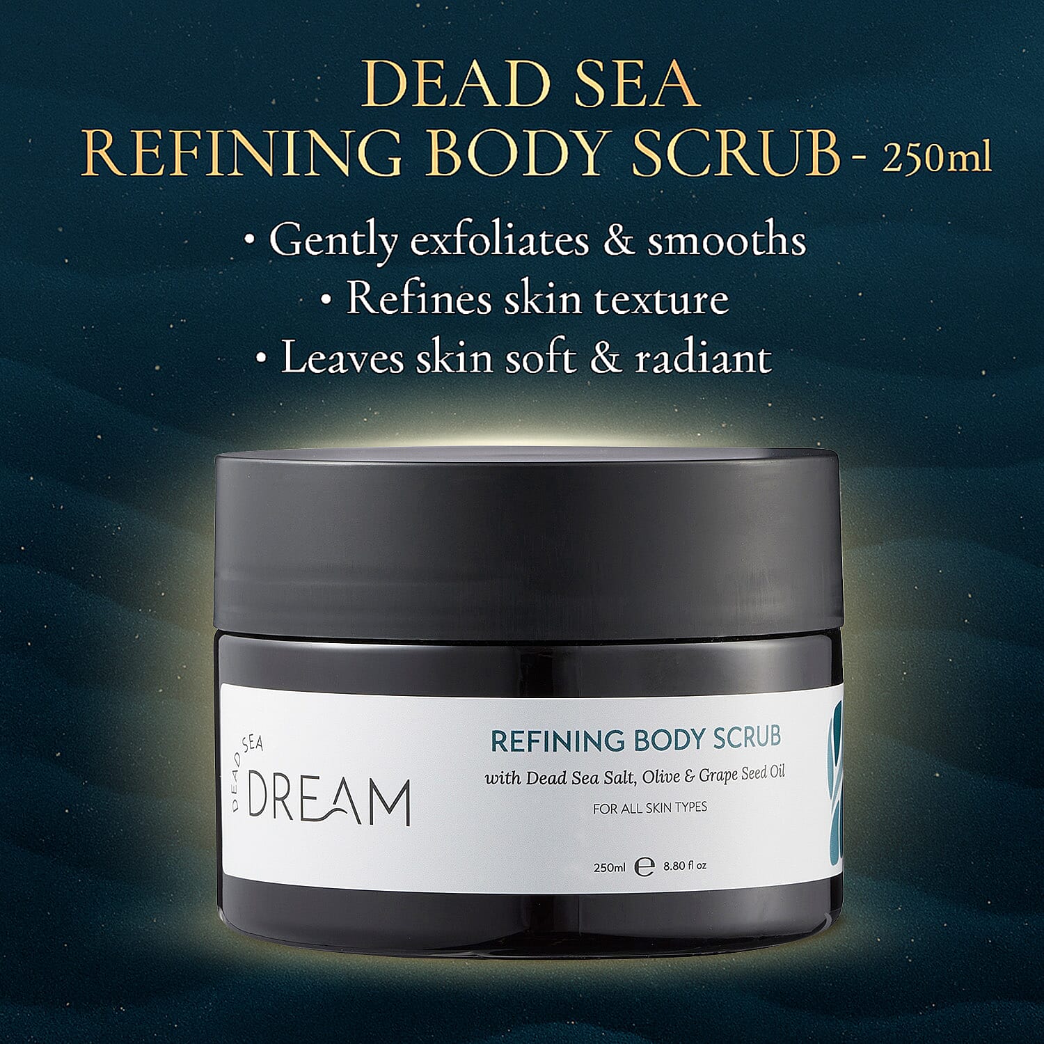 Dead Sea Dream Christmas Spa Gift Set - Body Scrub 250ml, Floatation Bath Salt Crystals 450g, Glowing Hair Mask 250ml & Body Cream 300ml