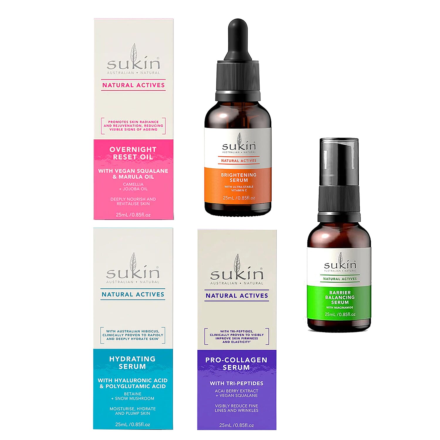 Sukin Natural Actives Holiday Glow Serums Gift Set - Brightening with Vitamin C, Hydrating with Hyaluronic Acid, Barrier Balancing, Pro-Collagen & Overnight Reset Oil