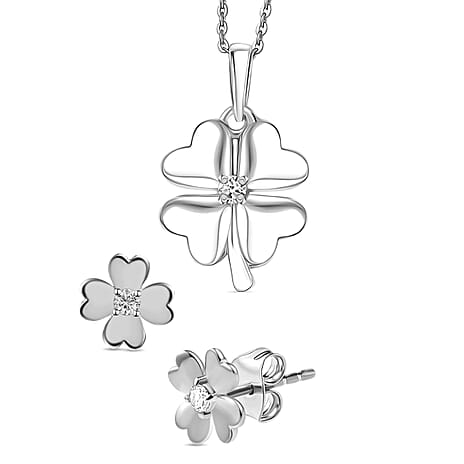Luxuriant Clover Luck Diamond Gift Set - Lab Grown Diamond (SI-GH) Solitaire Pendant with Chain (Size 20) & Stud Push Back Earring in Rhodium Overlay Sterling Silver