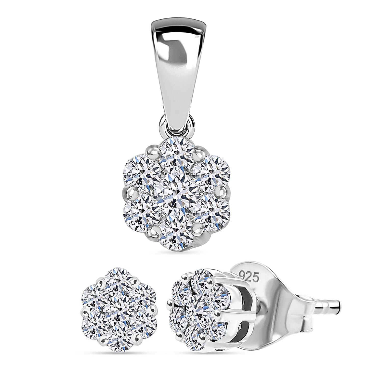 Luxuriant Spark Christmas Gift - Lab Grown Diamond Pressure Set Pendant & Stud Earrings in Rhodium Overlay Sterling Silver (SI G-H)