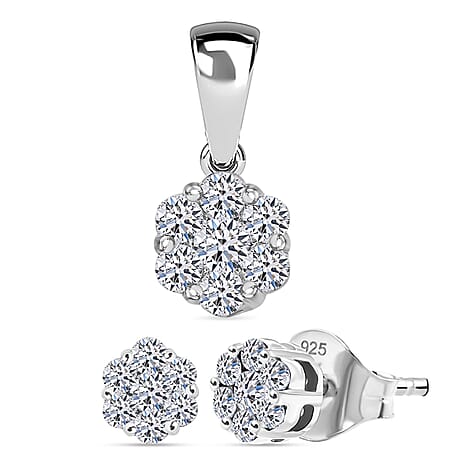 Luxuriant Spark Christmas Gift - Lab Grown Diamond Pressure Set Pendant & Stud Earrings in Rhodium Overlay Sterling Silver (SI G-H)