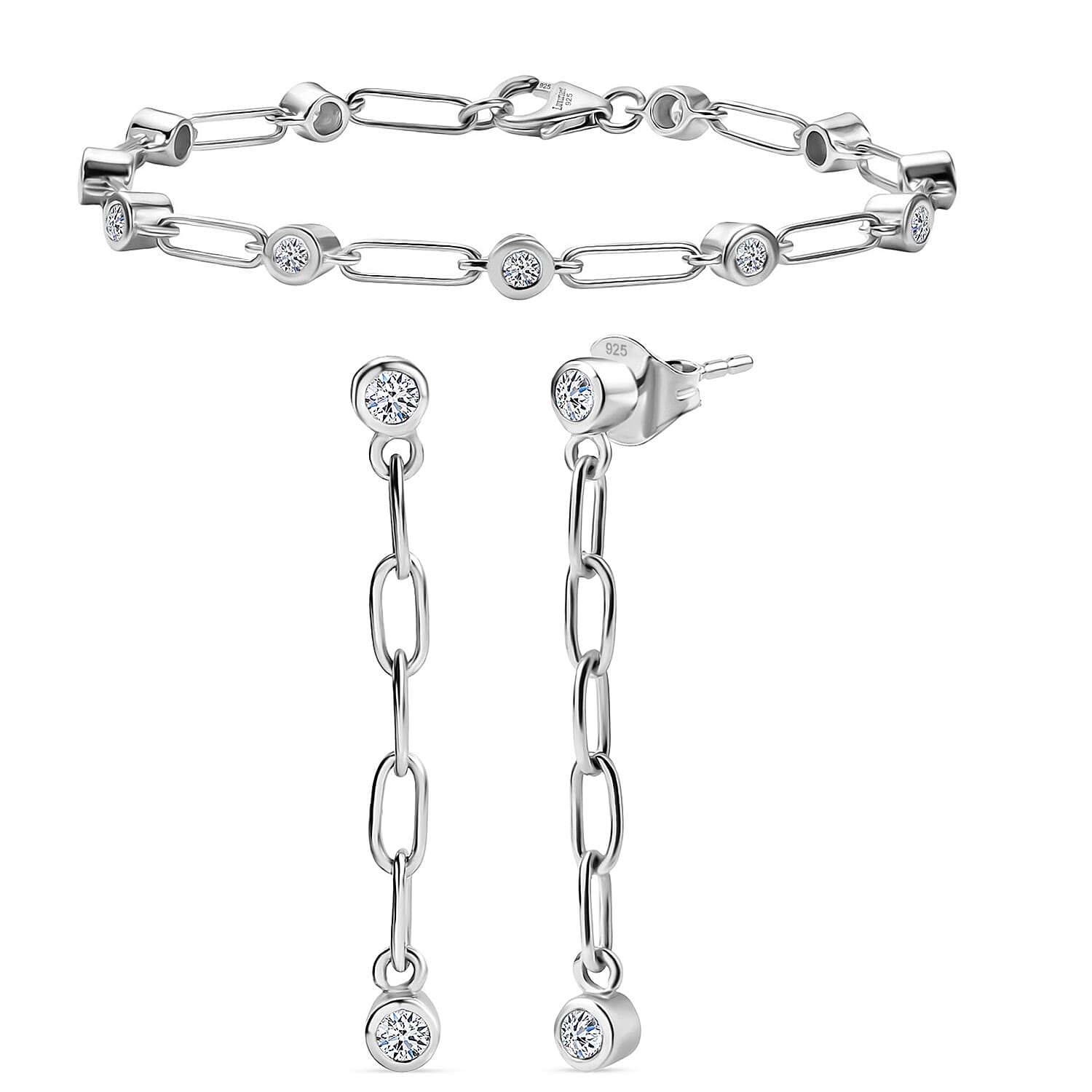 Luxuriant Christmas Gift of Links & Light - Lab Grown Diamond Bracelet 7.5 Inch & Dangling Earring with Push Back in Rhodium Overlay Sterling Silver (SI-G-H)