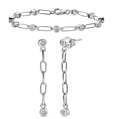Luxuriant Christmas Gift of Links & Light - Lab Grown Diamond Bracelet 7.5 Inch & Dangling Earring with Push Back in Rhodium Overlay Sterling Silver (SI-G-H)
