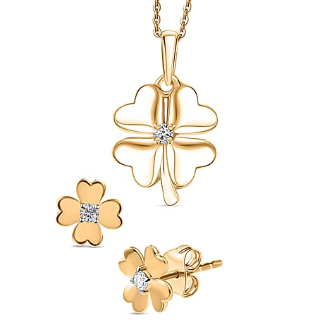 Luxuriant Gold Clover Christmas Gift - Lab Grown Diamond Solitaire Pendant with Chain (Size 20) & Stud Push Back Earrings in 18K Vermeil Yellow Gold Plated Sterling Silver (SI-GH)