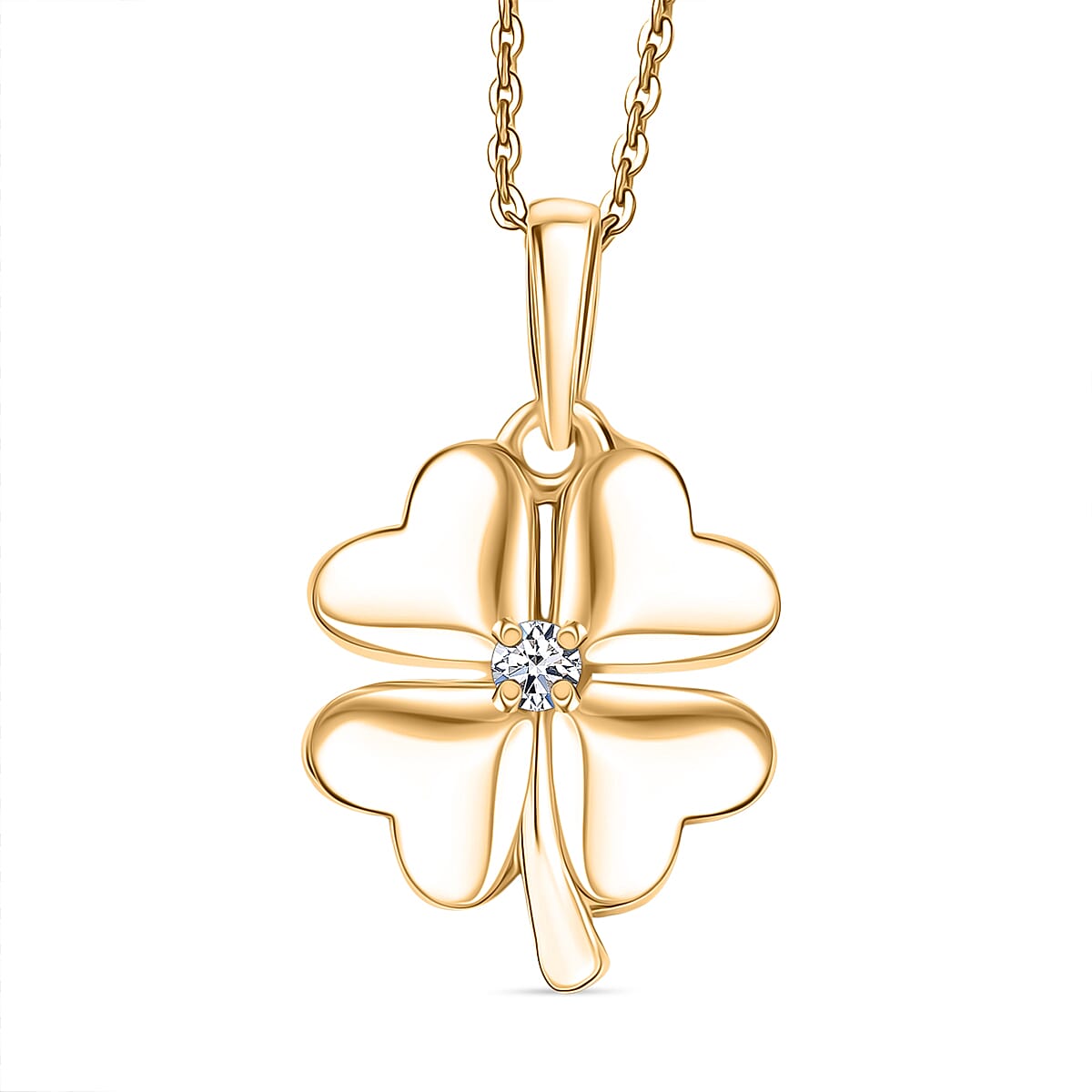 Luxuriant Gold Clover Christmas Gift - Lab Grown Diamond Solitaire Pendant with Chain (Size 20) & Stud Push Back Earrings in 18K Vermeil Yellow Gold Plated Sterling Silver (SI-GH)