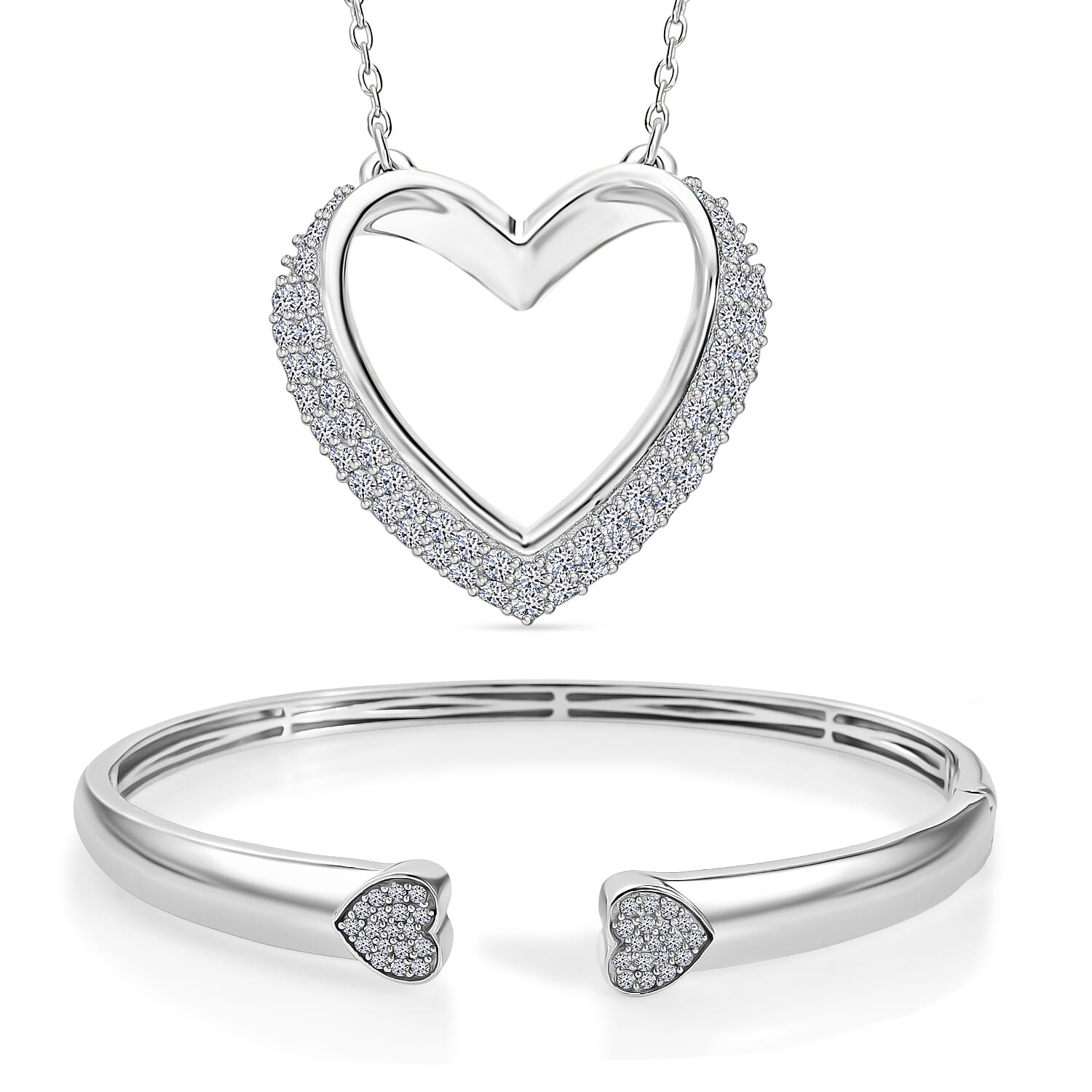 Luxuriant Gift of Timeless Love - Lab Grown Diamond Openable Heart Bangle 7.5 Inch & Heart Pendant with Chain (Size 18-2 Ext.) with Spring Ring Clasp in Rhodium Overlay Sterling Silver (SI-GH)
