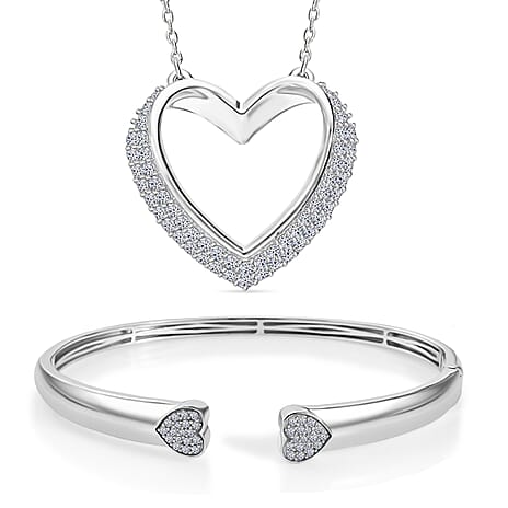 Luxuriant Gift of Timeless Love - Lab Grown Diamond Openable Heart Bangle 7.5 Inch & Heart Pendant with Chain (Size 18-2 Ext.) with Spring Ring Clasp in Rhodium Overlay Sterling Silver (SI-GH)