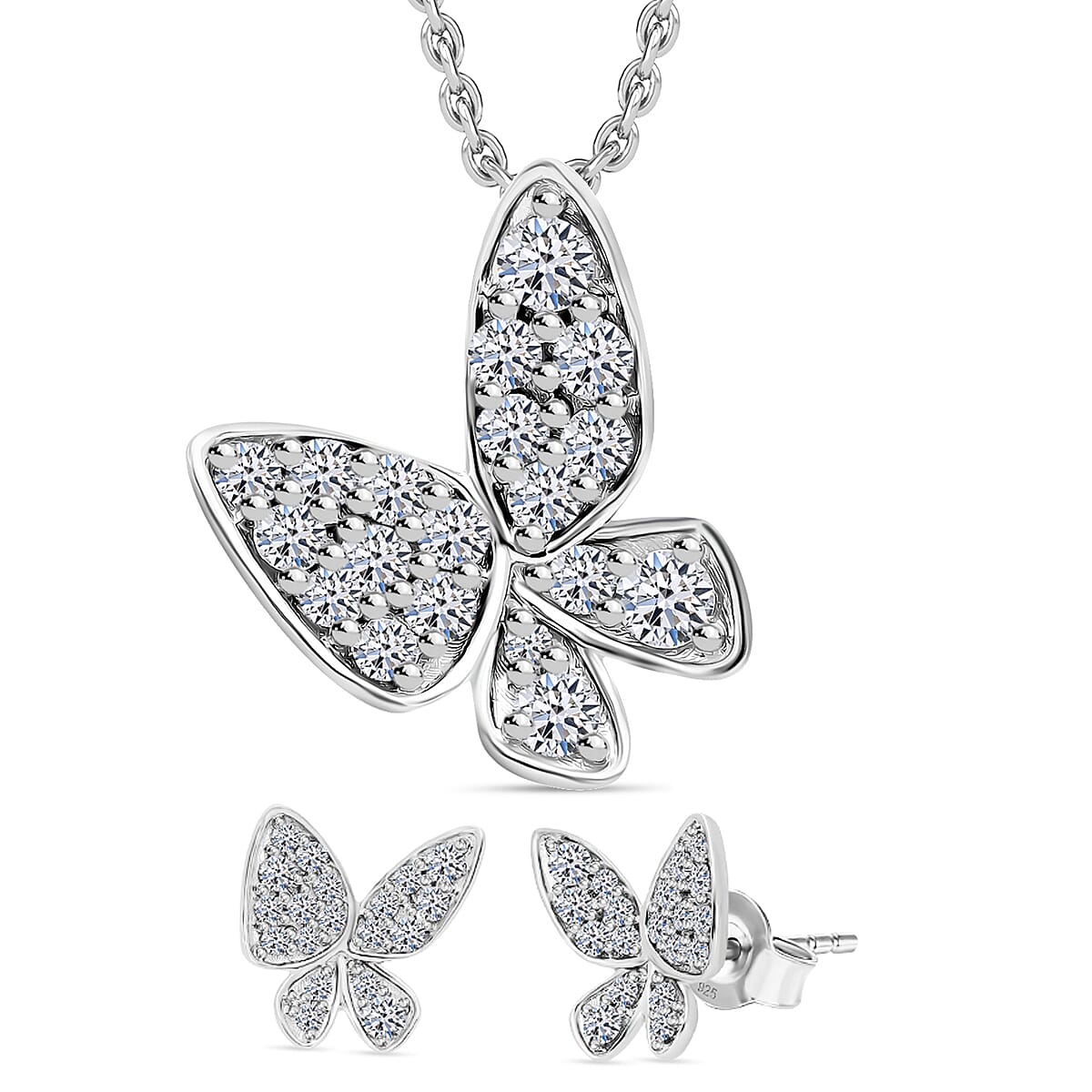 Luxuriant Wings of Sparkle Christmas Gift Set - Lab Grown Diamond Butterfly Pendant with Chain (Size 18-20) & Butterfly Push Back Earrings in Rhodium Overlay Sterling Silver SI-GH