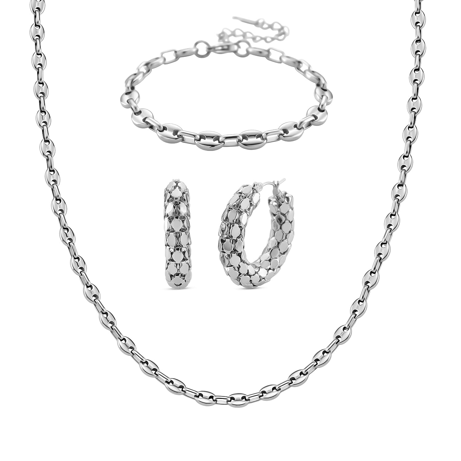 Silver Waves Christmas Gift Collection - Mariner Bracelet (Size - 7 - 2 Ext), Necklace (Size - 16 - 2 Ext) with Lobster Clasps & Pebble Earrings in Silver Tone Stainless Steel