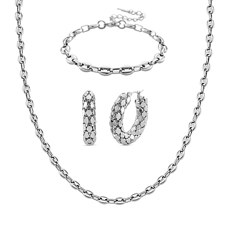 Silver Waves Christmas Gift Collection - Mariner Bracelet (Size - 7 - 2 Ext), Necklace (Size - 16 - 2 Ext) with Lobster Clasps & Pebble Earrings in Silver Tone Stainless Steel