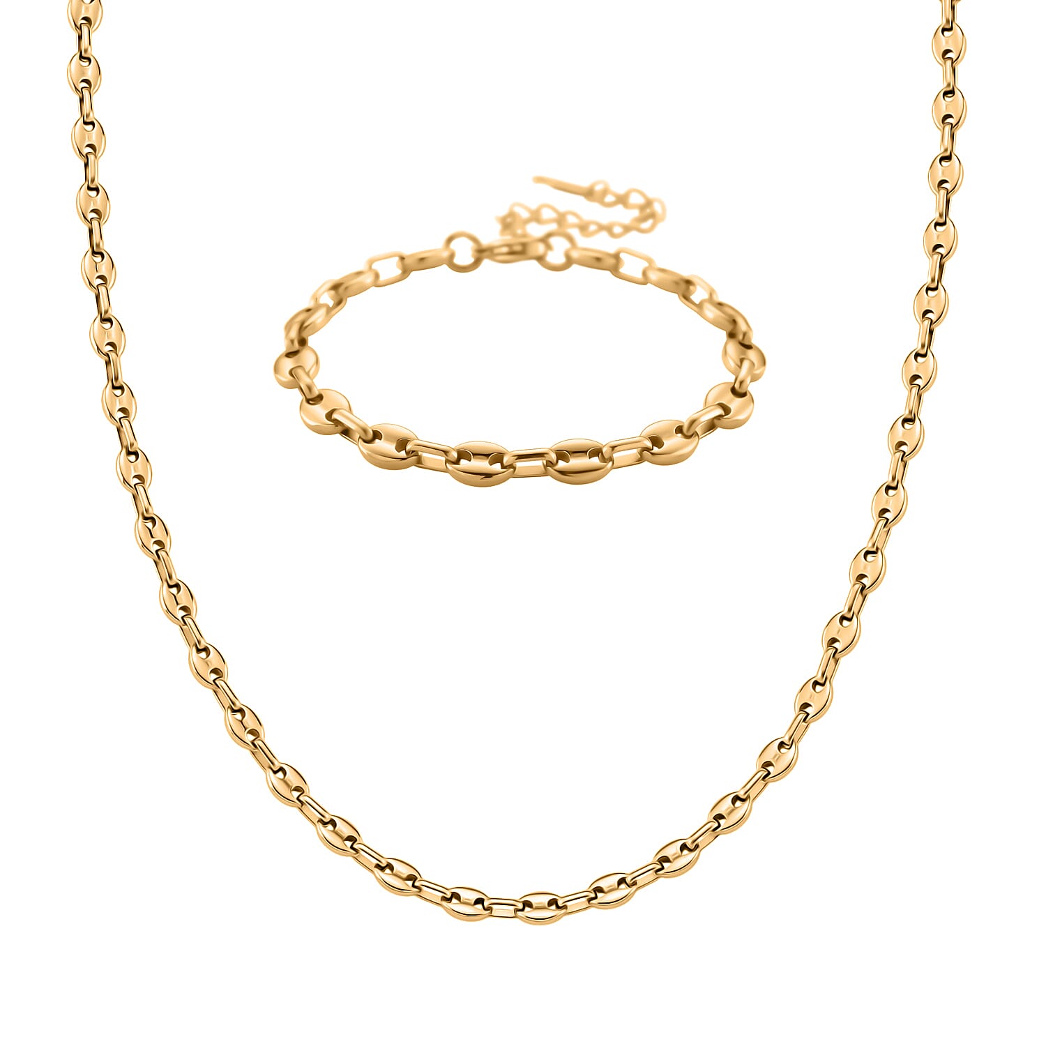 Golden Waves Christmas Gift Set - Mariner Bracelet (Size - 7) & Necklace (Size - 16 - 2 Ext) with Lobster Clasps in Yellow Gold Tone Stainless Steel