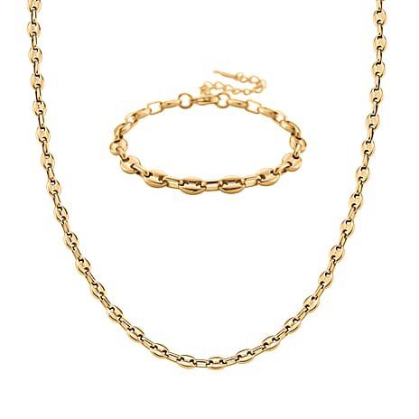 Golden Waves Christmas Gift Set - Mariner Bracelet (Size - 7) & Necklace (Size - 16 - 2 Ext) with Lobster Clasps in Yellow Gold Tone Stainless Steel