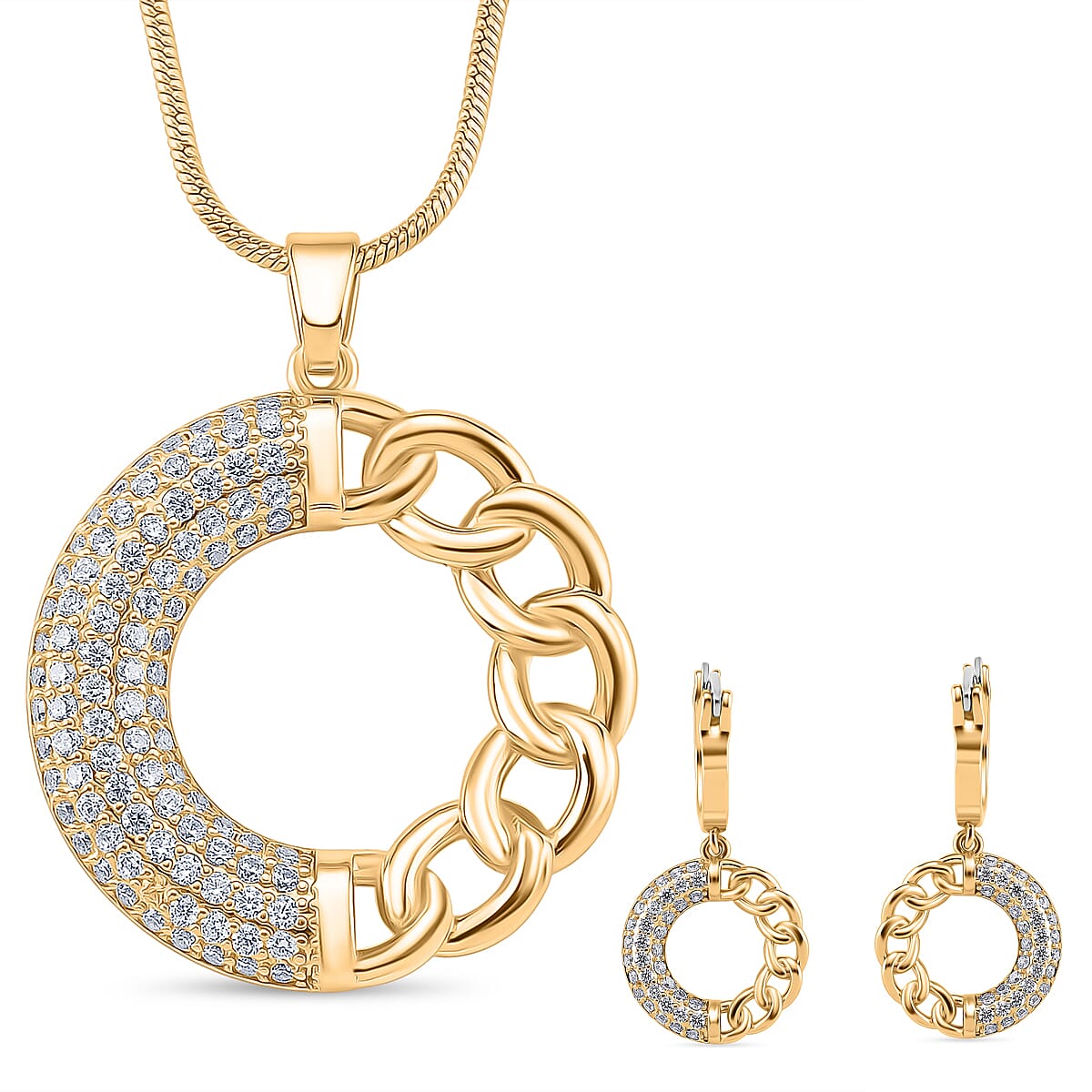 Crystal Curb Christmas Gift Set - White Cubic Zirconia Curb Pendant with Chain (Size 20 - 2 Ext) & Earrings With Hoop Clasp