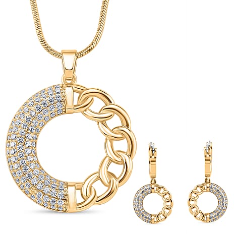 Crystal Curb Christmas Gift Set - White Cubic Zirconia Curb Pendant with Chain (Size 20 - 2 Ext) & Earrings With Hoop Clasp
