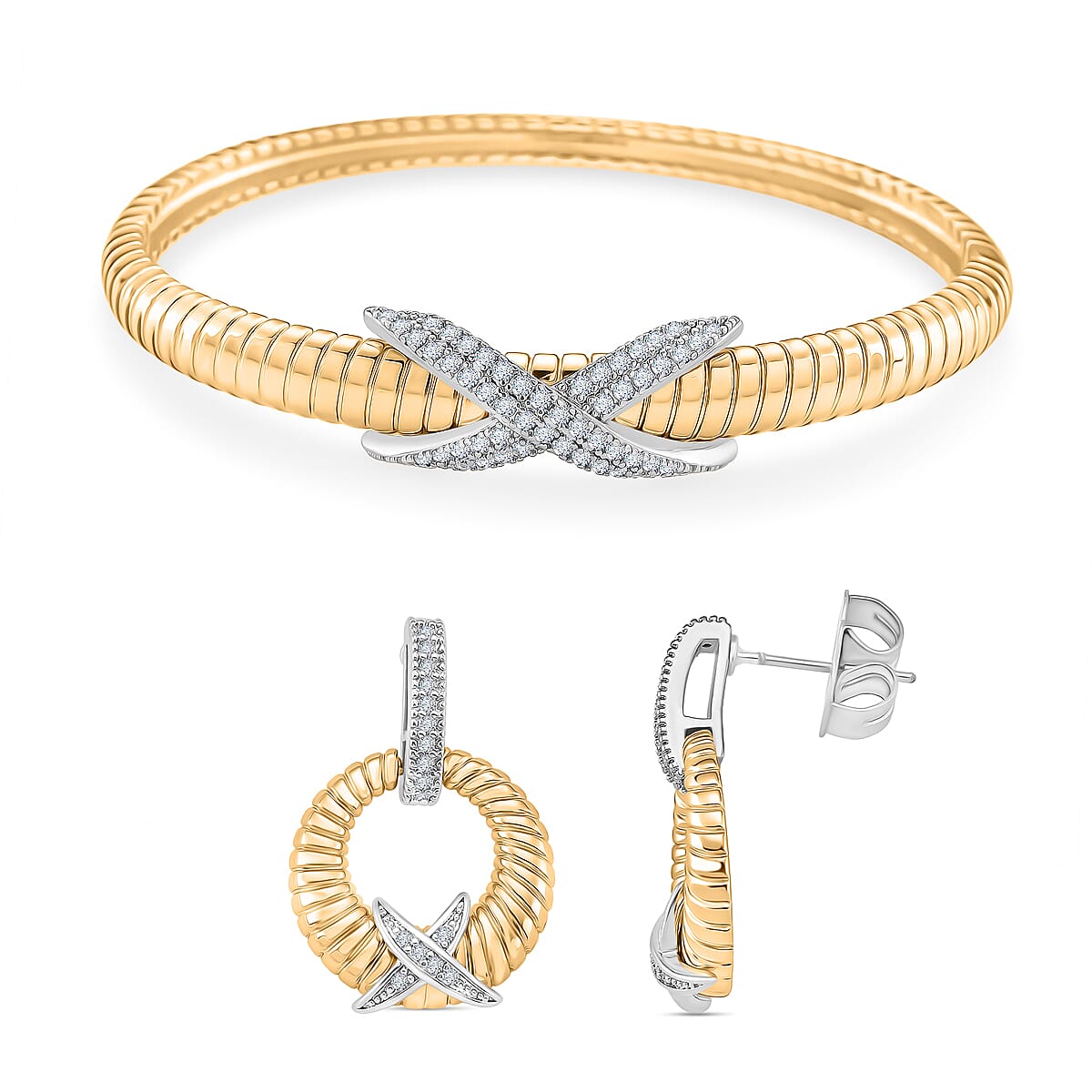 Two Tone Sparkle Holiday Gift Set - White Cubic Zirconia Bangle (Size 7.5) & Earrings with Push Back in White & Yellow Gold Tone