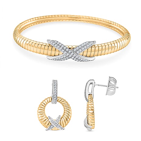 Two Tone Sparkle Holiday Gift Set - White Cubic Zirconia Bangle (Size 7.5) & Earrings with Push Back in White & Yellow Gold Tone