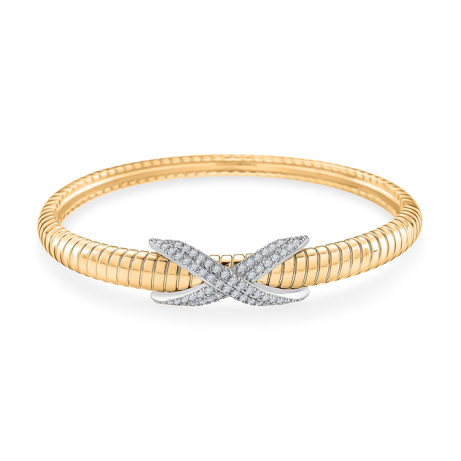 Two Tone Sparkle Holiday Gift Set - White Cubic Zirconia Bangle (Size 7.5) & Earrings with Push Back in White & Yellow Gold Tone