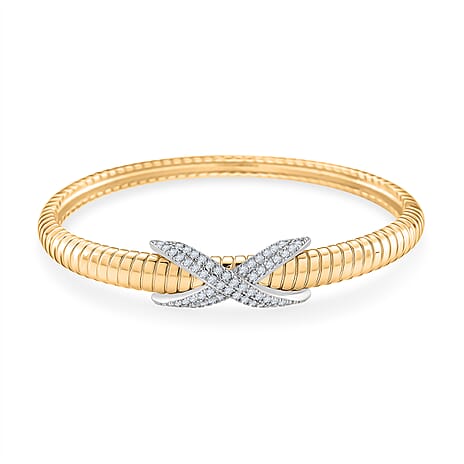 Two Tone Sparkle Holiday Gift Set - White Cubic Zirconia Bangle (Size 7.5) & Earrings with Push Back in White & Yellow Gold Tone