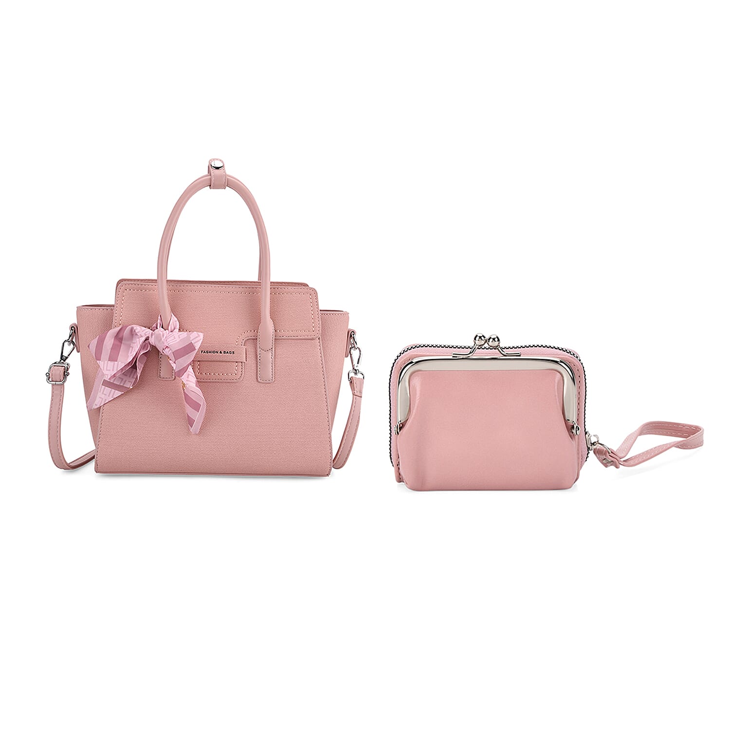 Pretty with Pink Holiday Gift Set - Leatherette Textured Crossbody Handbag with Scarf Accent & Adjustable Strap and 2-in-1 Wristlet RFID Classic Kiss-Lock Wallet