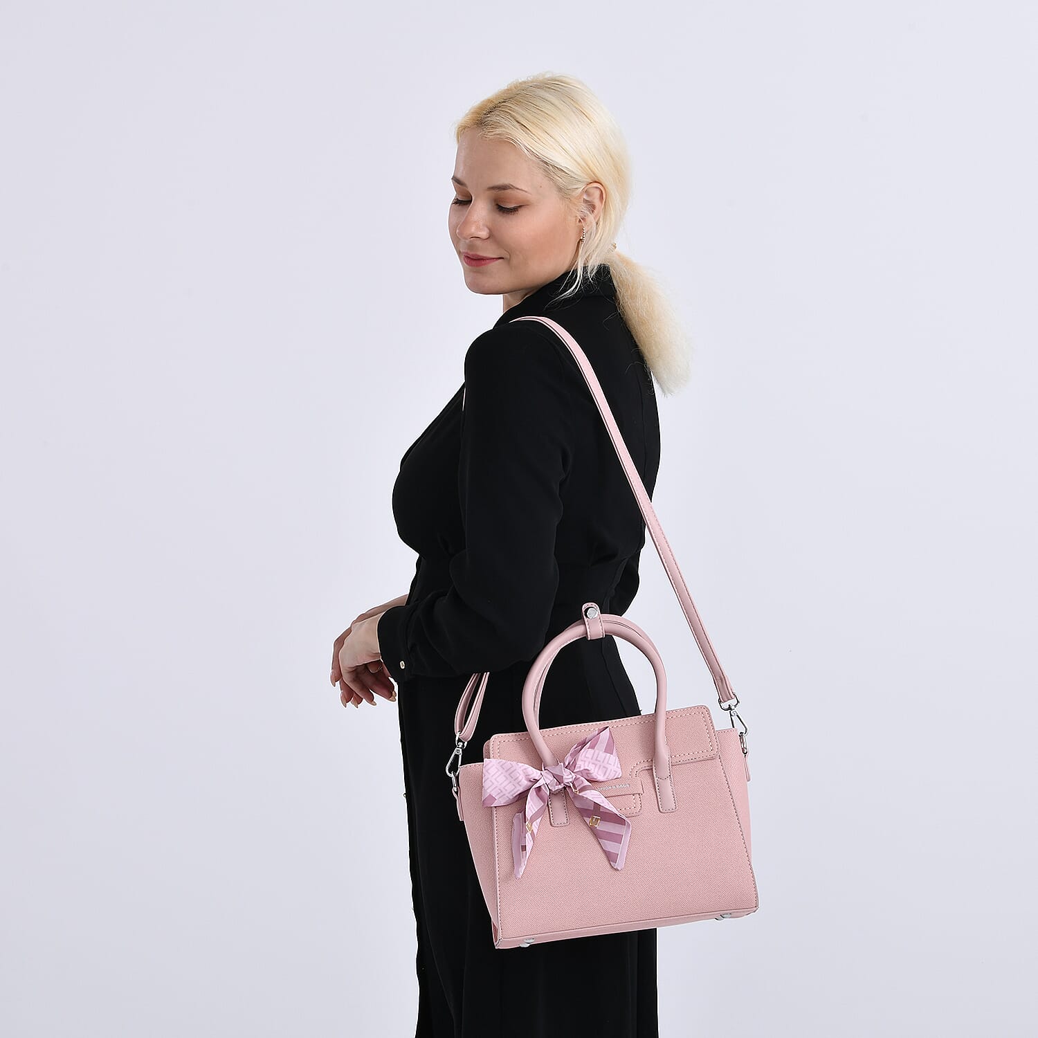 Pretty with Pink Holiday Gift Set - Leatherette Textured Crossbody Handbag with Scarf Accent & Adjustable Strap and 2-in-1 Wristlet RFID Classic Kiss-Lock Wallet