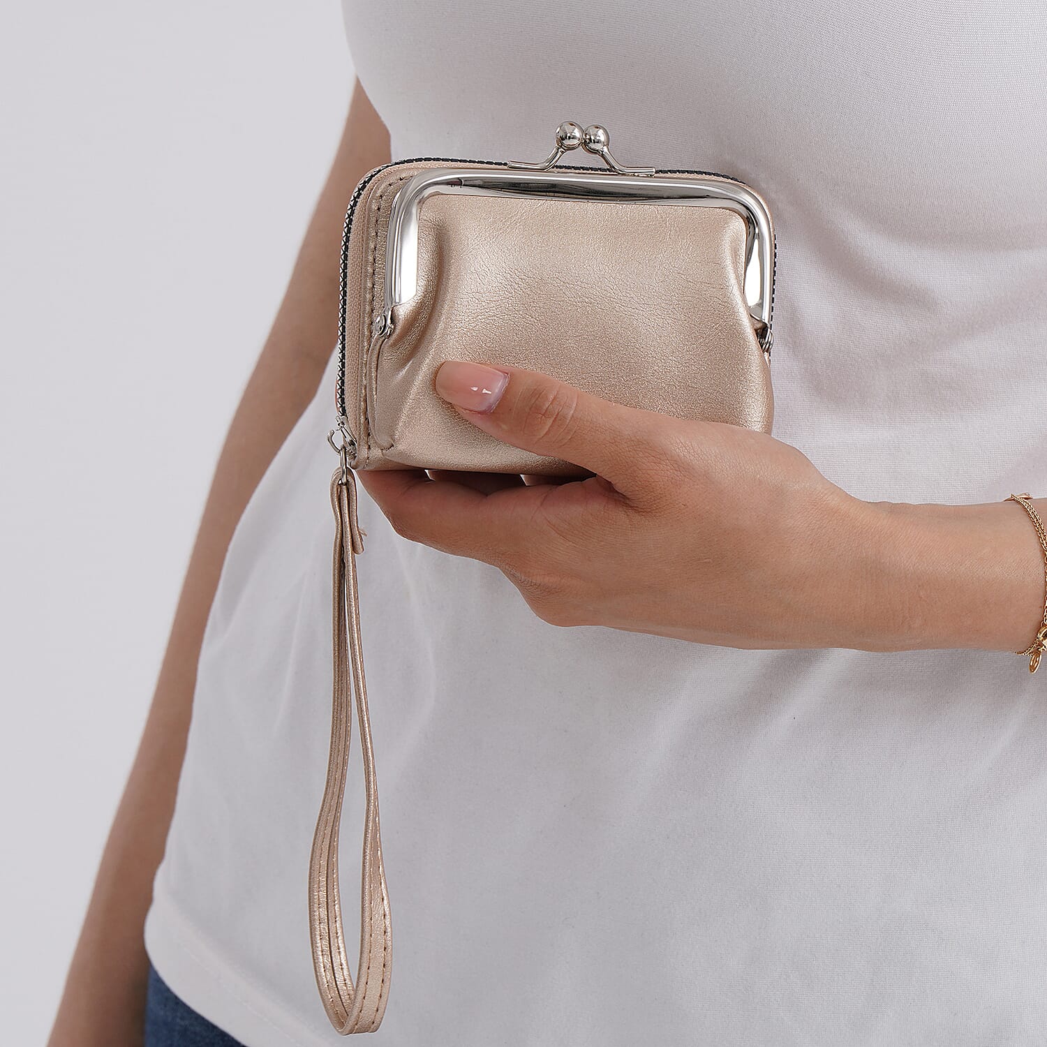 Pretty in Beige Holiday Gift Set - Leatherette Textured Crossbody Handbag with Scarf Accent & Adjustable Strap and 2-in-1 Wristlet Gold RFID Classic Kiss-Lock Wallet