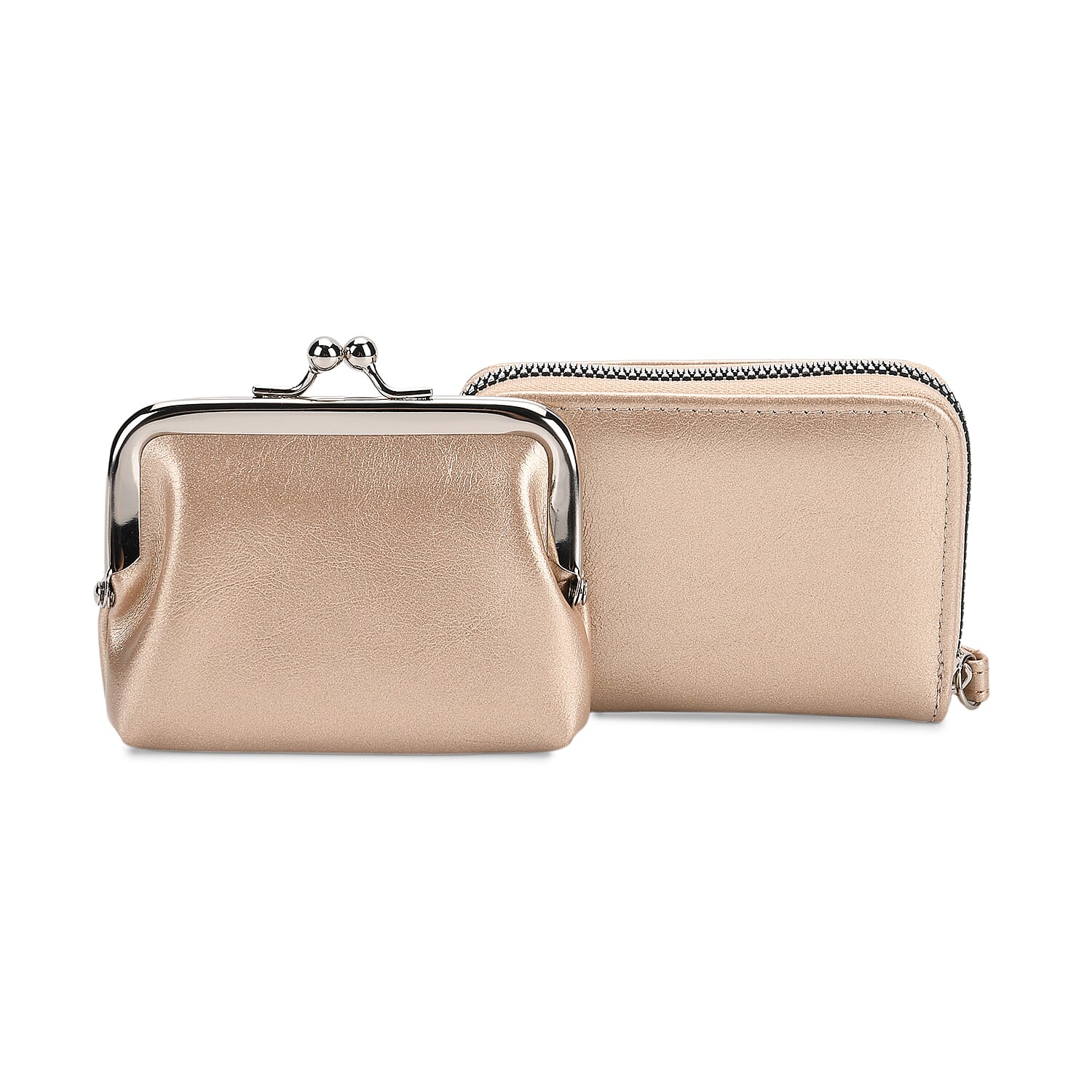 Pretty in Beige Holiday Gift Set - Leatherette Textured Crossbody Handbag with Scarf Accent & Adjustable Strap and 2-in-1 Wristlet Gold RFID Classic Kiss-Lock Wallet