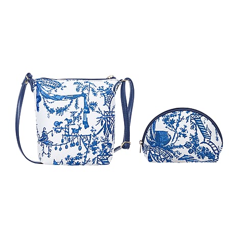 Signare Tapestry Christmas Gift Duo - Designer Inspired Chinoiserie Sling Bag Zip Coin Purse with Chinoserie Cosmetic Bag