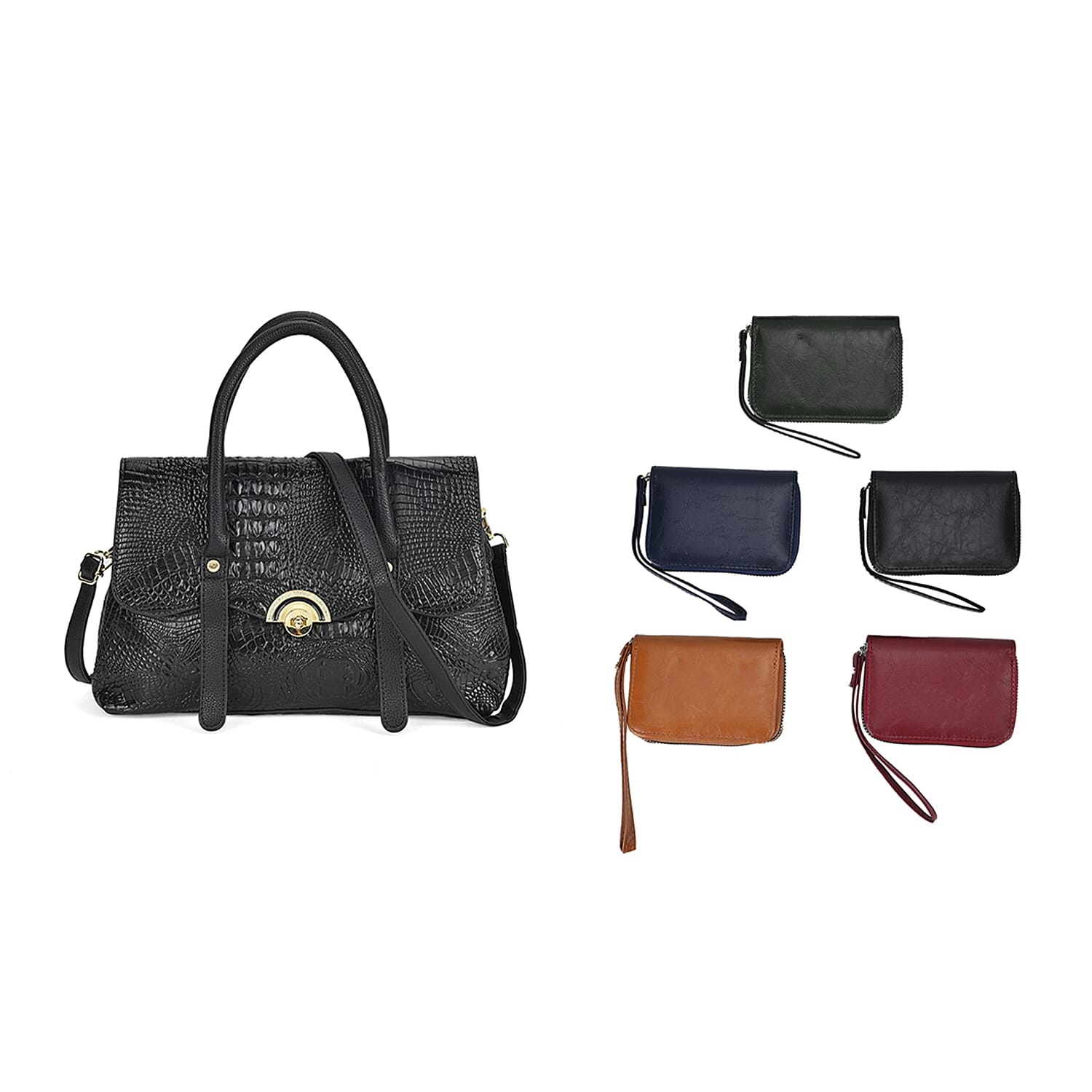 Textured Luxe Gift Set - Black Leatherette Snakeskin Embossed Crossbody Bag & 5 Card Holders with Wrist Strap