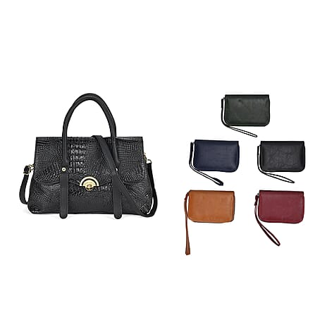 Textured Luxe Gift Set - Black Leatherette Snakeskin Embossed Crossbody Bag & 5 Card Holders with Wrist Strap