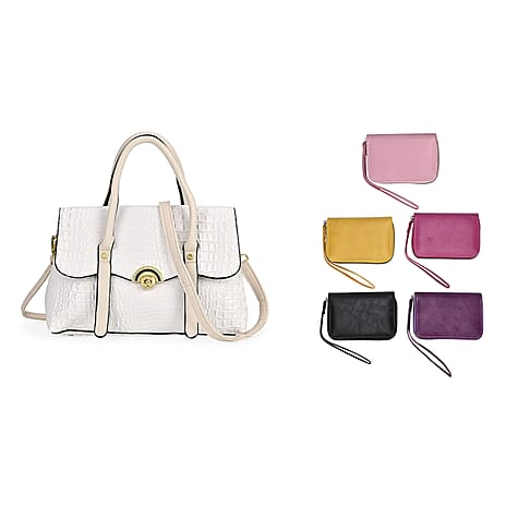 Textured Luxe Gift Set - Off White Leatherette Snakeskin Embossed Crossbody Bag and 5 Card Holders with Wrist Strap