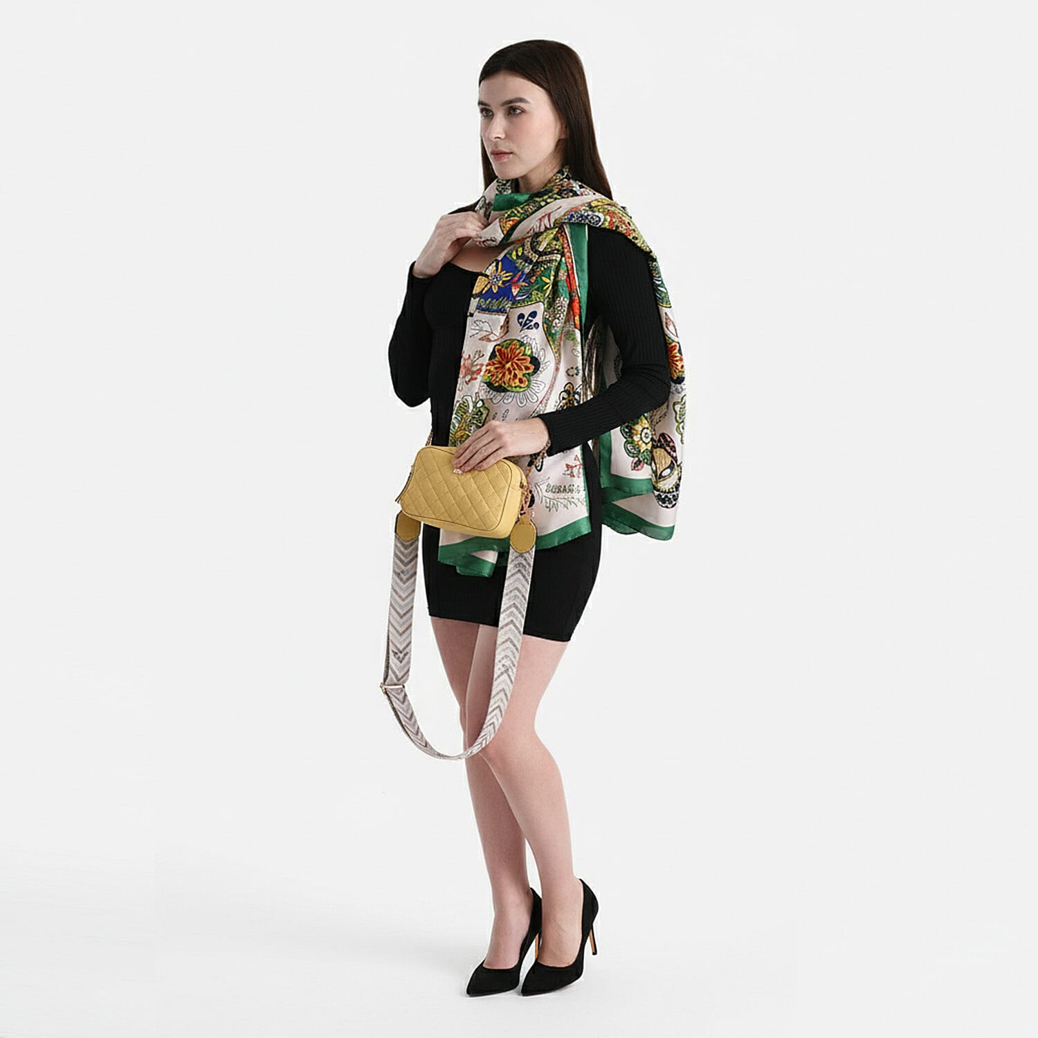 Sunlit Elegance Holiday Gift Duo - Stylish Quilted Crossbody Bag with Patterned Strap and La Marey Elegant Horse Pattern Satin Scarf (180x80cm)